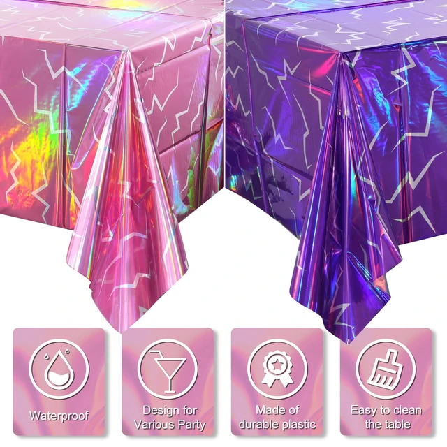 Alt view image 4 of 6 - 2 Pack Iridescent Pink and Purple Kpop Plastic Tablecloth 54x108 Inch, Holographic Laser Disposable Table Cover, Rectangle Pink and Purple Table Cloth for Kpop Halloween Birthday Party Decorations