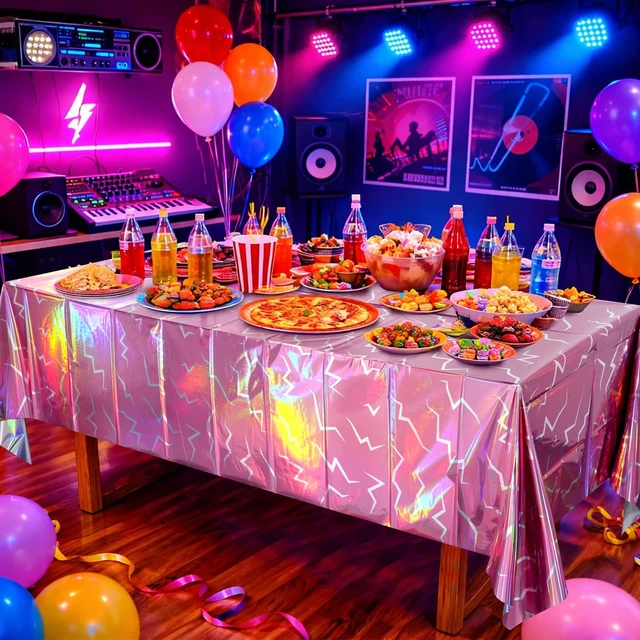 Alt view image 3 of 6 - 2 Pack Iridescent Pink and Purple Kpop Plastic Tablecloth 54x108 Inch, Holographic Laser Disposable Table Cover, Rectangle Pink and Purple Table Cloth for Kpop Halloween Birthday Party Decorations