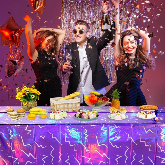 Alt view image 5 of 6 - 2 Pack Iridescent Pink and Purple Kpop Plastic Tablecloth 54x108 Inch, Holographic Laser Disposable Table Cover, Rectangle Pink and Purple Table Cloth for Kpop Halloween Birthday Party Decorations