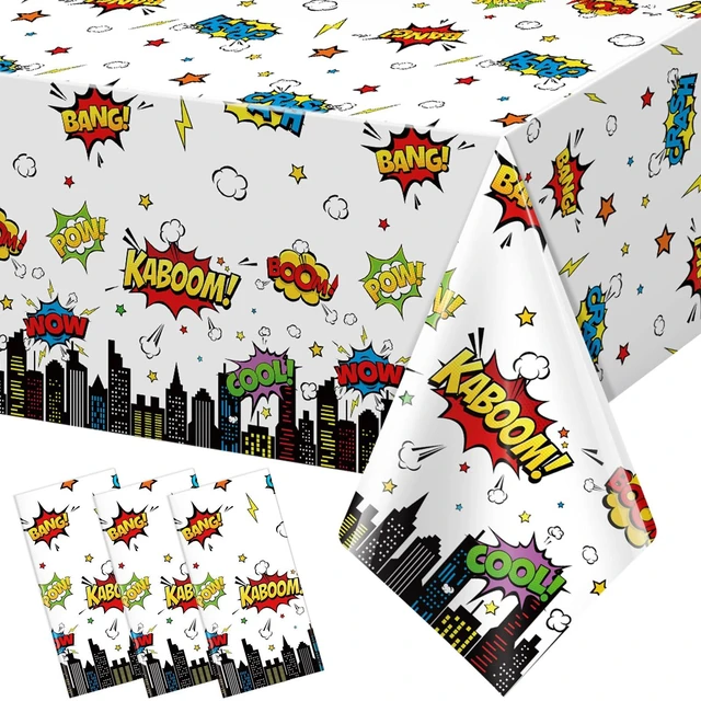 Main image of 3Pcs Hero Themed Birthday Party Tablecloths Decorations,White Cityscape Super Bang Plastic Table Cover Disposable Rectangle Table Cloth for Baby Shower Kids Boys Birthday Party Supplies,54x108 Inch