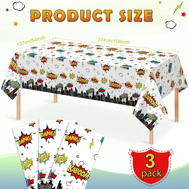 Alt view image 2 of 7 - 3Pcs Hero Themed Birthday Party Tablecloths Decorations,White Cityscape Super Bang Plastic Table Cover Disposable Rectangle Table Cloth for Baby Shower Kids Boys Birthday Party Supplies,54x108 Inch