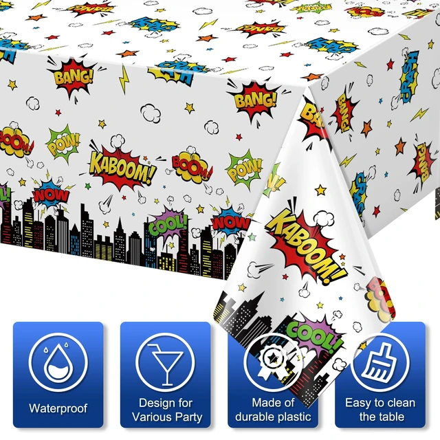 Alt view image 3 of 7 - 3Pcs Hero Themed Birthday Party Tablecloths Decorations,White Cityscape Super Bang Plastic Table Cover Disposable Rectangle Table Cloth for Baby Shower Kids Boys Birthday Party Supplies,54x108 Inch