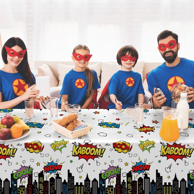 Alt view image 7 of 7 - 3Pcs Hero Themed Birthday Party Tablecloths Decorations,White Cityscape Super Bang Plastic Table Cover Disposable Rectangle Table Cloth for Baby Shower Kids Boys Birthday Party Supplies,54x108 Inch