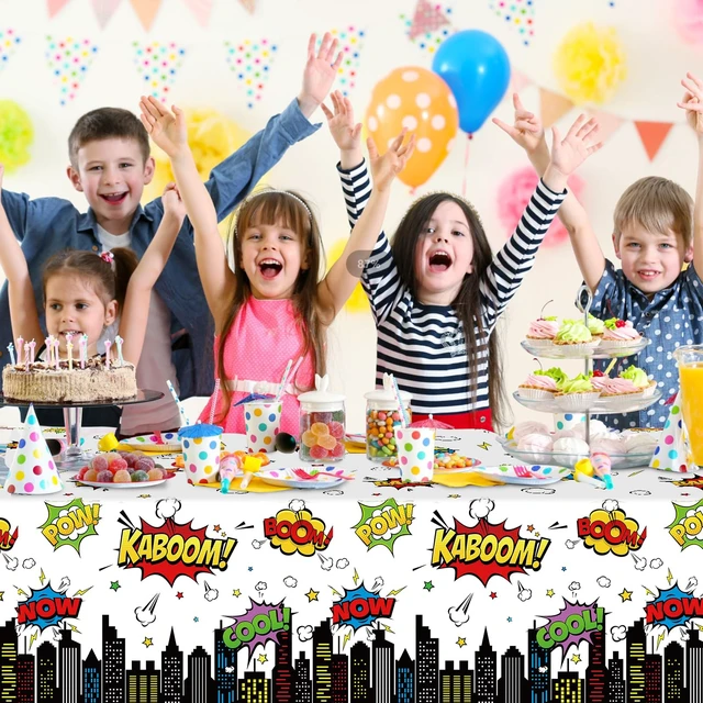 Alt view image 6 of 7 - 3Pcs Hero Themed Birthday Party Tablecloths Decorations,White Cityscape Super Bang Plastic Table Cover Disposable Rectangle Table Cloth for Baby Shower Kids Boys Birthday Party Supplies,54x108 Inch