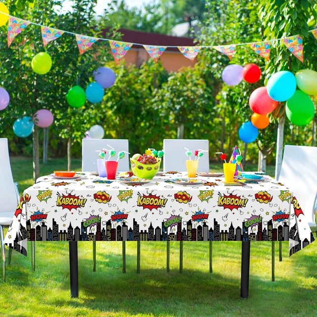 Alt view image 4 of 7 - 3Pcs Hero Themed Birthday Party Tablecloths Decorations,White Cityscape Super Bang Plastic Table Cover Disposable Rectangle Table Cloth for Baby Shower Kids Boys Birthday Party Supplies,54x108 Inch
