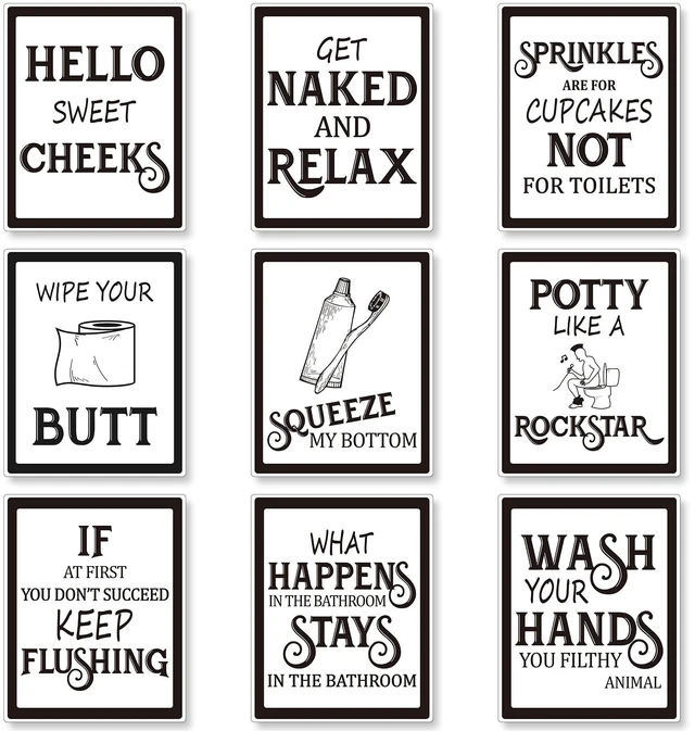 Main image of 9 Pieces Bathroom Wall Decor Funny Vintage Bathroom Signs, Black Font