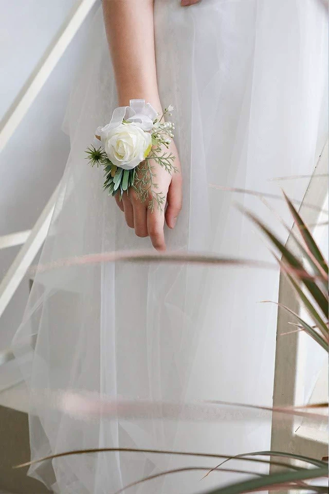 Alt view image 3 of 7 - Ivory Rose Wrist Corsage Wristlet Band Bracelet and Men Boutonniere Set for White Wedding Flower Accessories Prom Suit Decorations