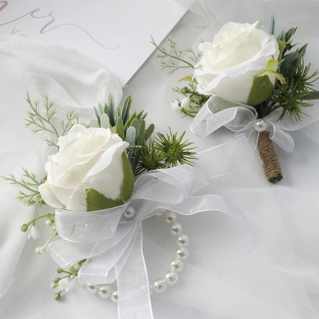 Main image of Ivory Rose Wrist Corsage Wristlet Band Bracelet and Men Boutonniere Set for White Wedding Flower Accessories Prom Suit Decorations