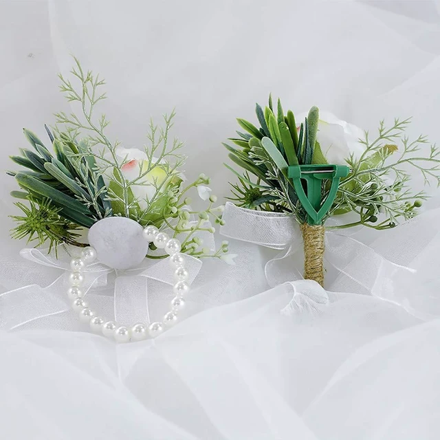 Alt view image 6 of 7 - Ivory Rose Wrist Corsage Wristlet Band Bracelet and Men Boutonniere Set for White Wedding Flower Accessories Prom Suit Decorations