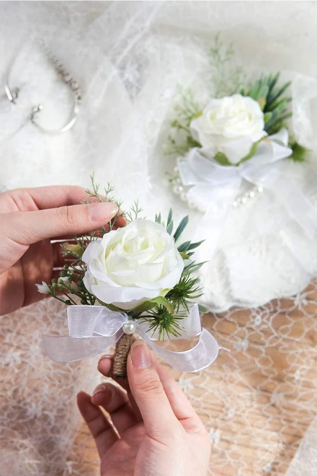 Alt view image 2 of 7 - Ivory Rose Wrist Corsage Wristlet Band Bracelet and Men Boutonniere Set for White Wedding Flower Accessories Prom Suit Decorations