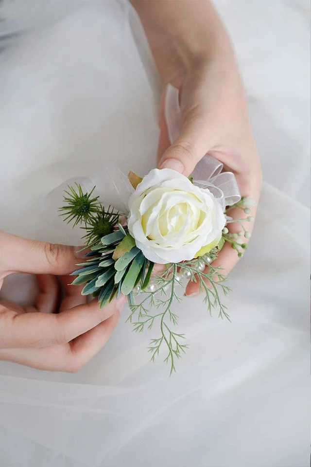 Alt view image 4 of 7 - Ivory Rose Wrist Corsage Wristlet Band Bracelet and Men Boutonniere Set for White Wedding Flower Accessories Prom Suit Decorations