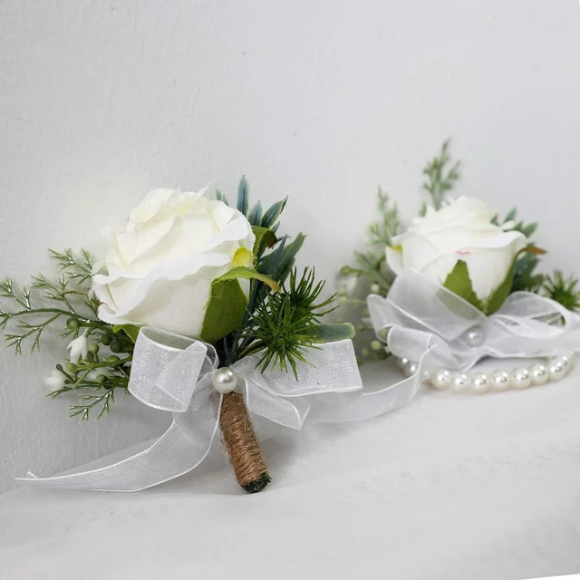 Alt view image 5 of 7 - Ivory Rose Wrist Corsage Wristlet Band Bracelet and Men Boutonniere Set for White Wedding Flower Accessories Prom Suit Decorations