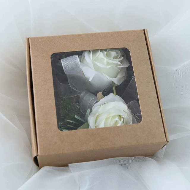 Alt view image 7 of 7 - Ivory Rose Wrist Corsage Wristlet Band Bracelet and Men Boutonniere Set for White Wedding Flower Accessories Prom Suit Decorations