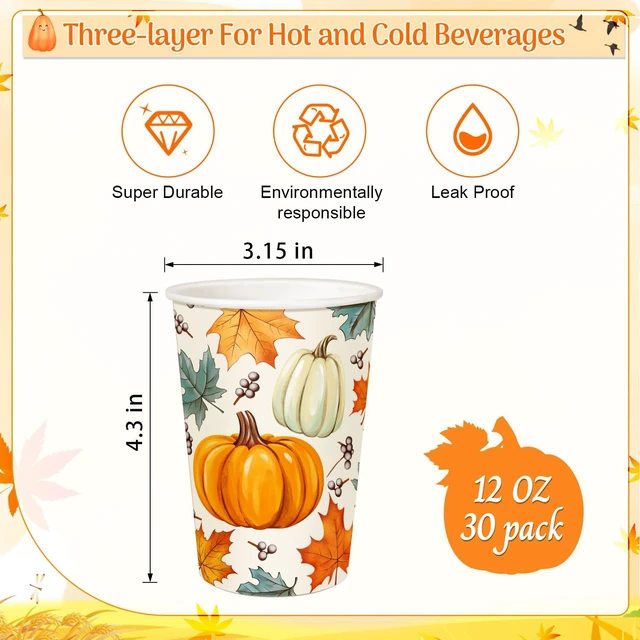 Alt view image 2 of 7 - Thanksgiving Disposable Paper Cups 30 Pack, Pumpkin Maple Leaves Paper Cups, Fall Drinking Cups for Hot and Cold Beverages 12 Ounce, Thanksgiving Dinner Autumn Fall Party Supplies