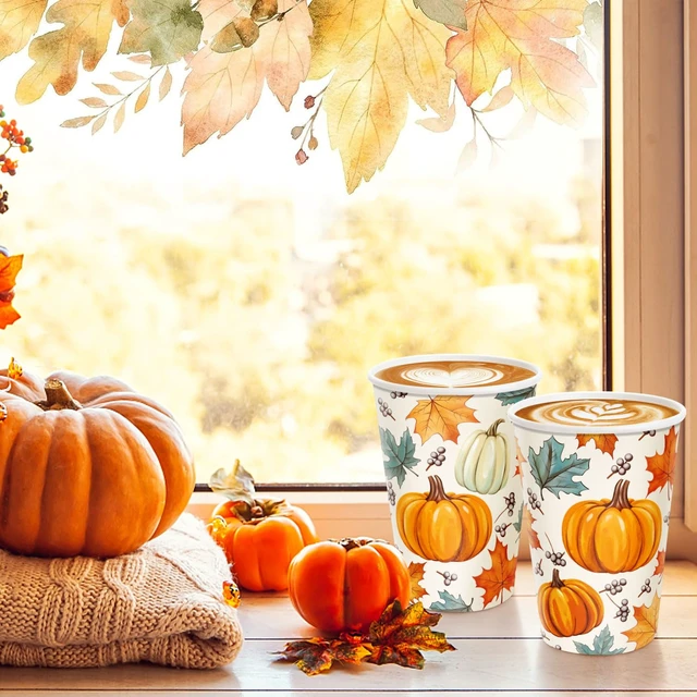 Alt view image 6 of 7 - Thanksgiving Disposable Paper Cups 30 Pack, Pumpkin Maple Leaves Paper Cups, Fall Drinking Cups for Hot and Cold Beverages 12 Ounce, Thanksgiving Dinner Autumn Fall Party Supplies