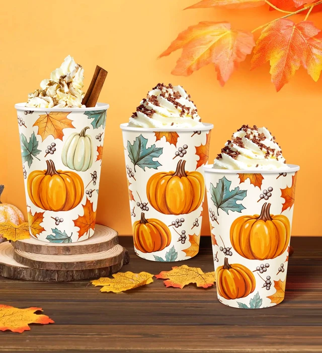 Alt view image 3 of 7 - Thanksgiving Disposable Paper Cups 30 Pack, Pumpkin Maple Leaves Paper Cups, Fall Drinking Cups for Hot and Cold Beverages 12 Ounce, Thanksgiving Dinner Autumn Fall Party Supplies