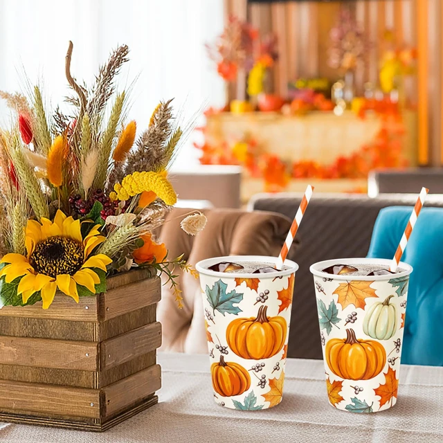 Alt view image 7 of 7 - Thanksgiving Disposable Paper Cups 30 Pack, Pumpkin Maple Leaves Paper Cups, Fall Drinking Cups for Hot and Cold Beverages 12 Ounce, Thanksgiving Dinner Autumn Fall Party Supplies