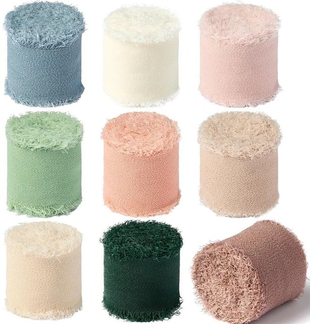 Main image of Chiffon Ribbon Set, 1'' x 9 Rolls 27 Yards | Handmade Fringe Chiffon Silk Ribbon, For Gift Wrapping, Wedding Invitations, Bridal Bouquets, Elegant Bow Making