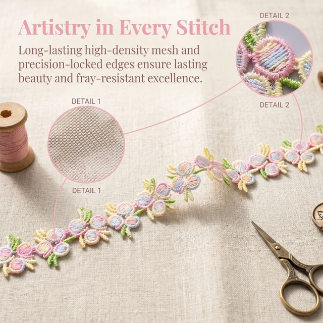 Alt view image 5 of 6 - 7 Yards Floral Lace Trim, Flower Ribbon Embroidered, Polyester Lace Applique for Sewing, DIY Crafts, Wedding Dress Decoration, Clothing & Headband Making(Colorful, 7 Yards)