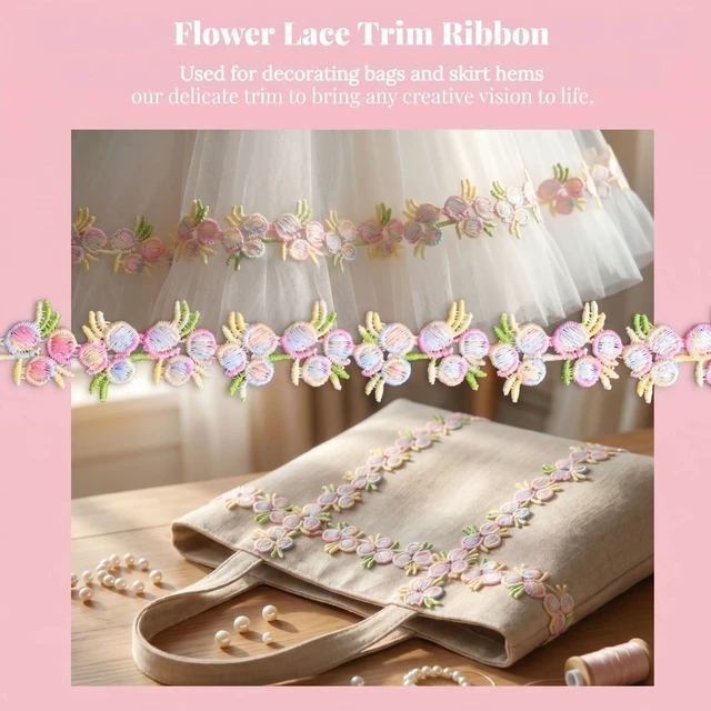 Alt view image 4 of 6 - 7 Yards Floral Lace Trim, Flower Ribbon Embroidered, Polyester Lace Applique for Sewing, DIY Crafts, Wedding Dress Decoration, Clothing & Headband Making(Colorful, 7 Yards)
