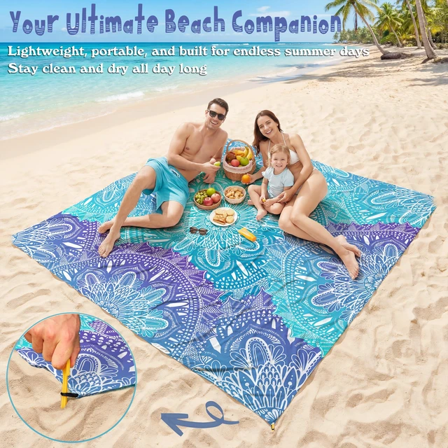 Alt view image 2 of 7 - Beach Blanket Waterproof Sandproof 78''X81'' Oversized Mat | 100% polyester lightweight mat; machine washable; compact case included; for 1-5 adults outdoor picnic travel camping hiking