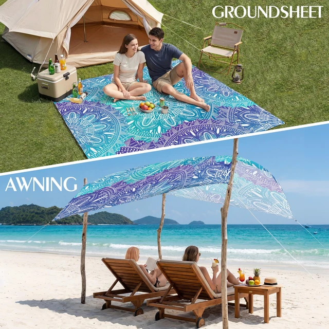 Alt view image 4 of 7 - Beach Blanket Waterproof Sandproof 78''X81'' Oversized Mat | 100% polyester lightweight mat; machine washable; compact case included; for 1-5 adults outdoor picnic travel camping hiking