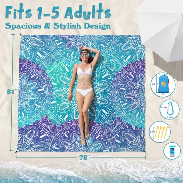 Alt view image 5 of 7 - Beach Blanket Waterproof Sandproof 78''X81'' Oversized Mat | 100% polyester lightweight mat; machine washable; compact case included; for 1-5 adults outdoor picnic travel camping hiking