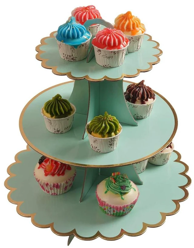Main image of Cupcake Stand with Lace Trim, 3-Tier Cupcake Stand Display, Cardboard Cup Cake Tower Stand, Disposable Dessert Stand for Birthday Tea Party Baby Shower Treat Decorations, Mint Green