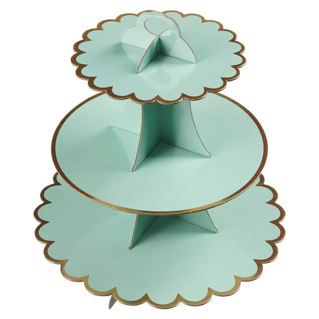 Alt view image 2 of 3 - Cupcake Stand with Lace Trim, 3-Tier Cupcake Stand Display, Cardboard Cup Cake Tower Stand, Disposable Dessert Stand for Birthday Tea Party Baby Shower Treat Decorations, Mint Green