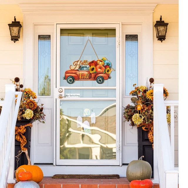 Alt view image 2 of 6 - Fall Pumpkin Welcome Sign Door Decor, Truck | Hanging Wood Sign with Rope, Front Porch Wall Indoor Outdoor, Hello Fall Text, Thanksgiving Autumn Farmhouse Door Decor