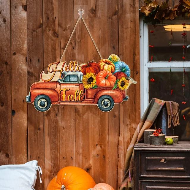 Alt view image 4 of 6 - Fall Pumpkin Welcome Sign Door Decor, Truck | Hanging Wood Sign with Rope, Front Porch Wall Indoor Outdoor, Hello Fall Text, Thanksgiving Autumn Farmhouse Door Decor