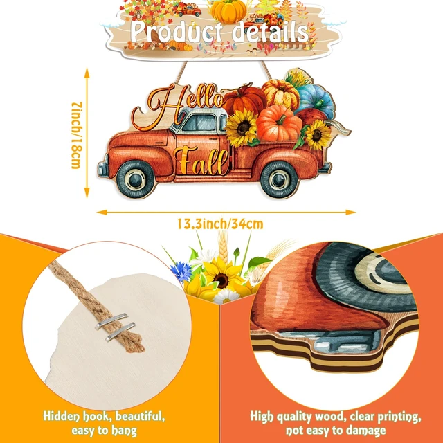 Alt view image 3 of 6 - Fall Pumpkin Welcome Sign Door Decor, Truck | Hanging Wood Sign with Rope, Front Porch Wall Indoor Outdoor, Hello Fall Text, Thanksgiving Autumn Farmhouse Door Decor