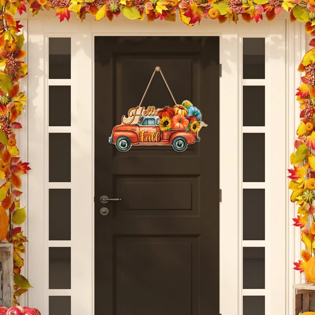 Alt view image 5 of 6 - Fall Pumpkin Welcome Sign Door Decor, Truck | Hanging Wood Sign with Rope, Front Porch Wall Indoor Outdoor, Hello Fall Text, Thanksgiving Autumn Farmhouse Door Decor