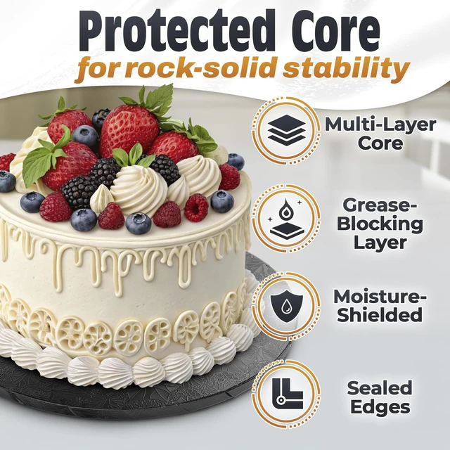 Alt view image 3 of 7 - Black Cake Drum 12 Inch, Round Cake Board, 1/2 Inch Thick Cardboard | Black Cake Board 12 Inch with Grease-Resistant, Moisture-Resistant Surface - Displays Cupcakes, Pastries and Baked Goods