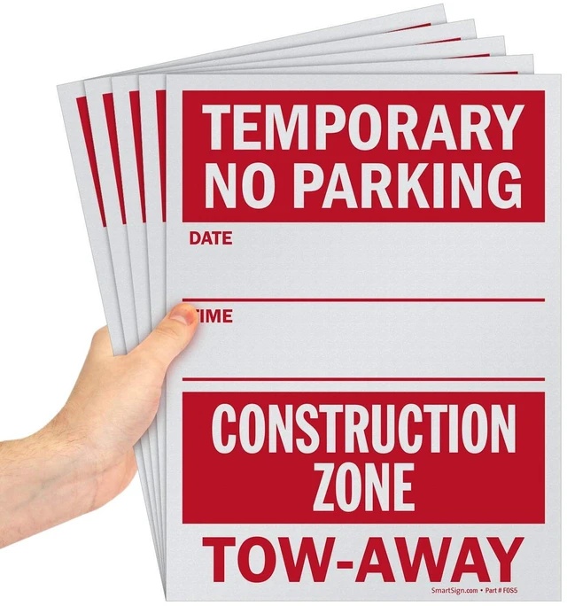 Main image of Temporary No Parking - Construction Zone, Tow-Away Write-On Sign | 9" x 12" Polystyrene Plastic (Pack of 5), Made in USA