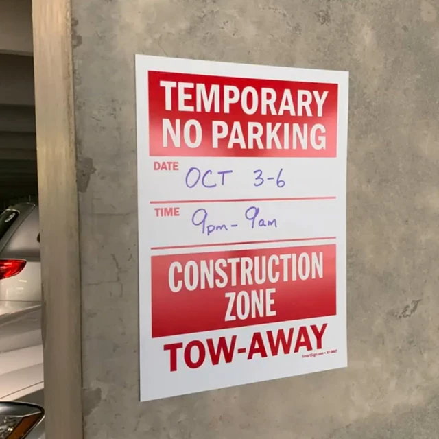 Alt view image 5 of 7 - Temporary No Parking - Construction Zone, Tow-Away Write-On Sign | 9" x 12" Polystyrene Plastic (Pack of 5), Made in USA