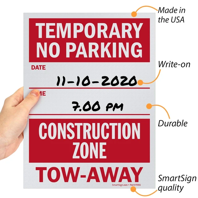 Alt view image 2 of 7 - Temporary No Parking - Construction Zone, Tow-Away Write-On Sign | 9" x 12" Polystyrene Plastic (Pack of 5), Made in USA