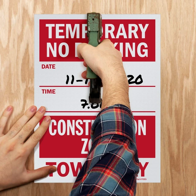 Alt view image 3 of 7 - Temporary No Parking - Construction Zone, Tow-Away Write-On Sign | 9" x 12" Polystyrene Plastic (Pack of 5), Made in USA