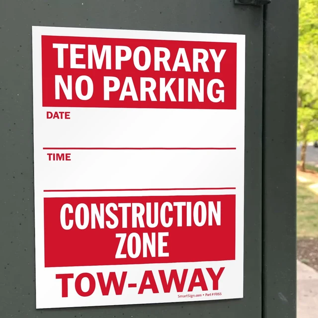 Alt view image 7 of 7 - Temporary No Parking - Construction Zone, Tow-Away Write-On Sign | 9" x 12" Polystyrene Plastic (Pack of 5), Made in USA