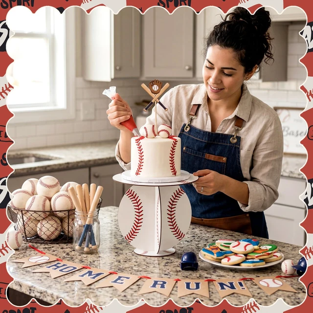 Alt view image 5 of 6 - 11.02 Inch Baseball Party Decoration Wood Baseball Cake Stand Cupcake Holder for Birthday Decorations Fruit Dessert Tower for Rookie of The Year First Baby Shower Party Table Decor