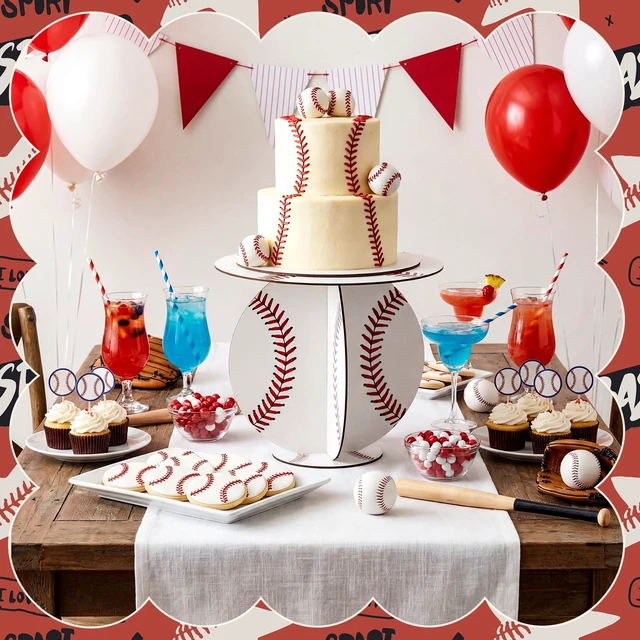 Alt view image 6 of 6 - 11.02 Inch Baseball Party Decoration Wood Baseball Cake Stand Cupcake Holder for Birthday Decorations Fruit Dessert Tower for Rookie of The Year First Baby Shower Party Table Decor
