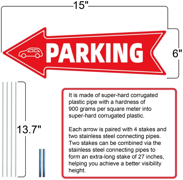 Alt view image 2 of 7 - 16 X 5 Inch Directional Parking Signs with Arrows - Durable Corrugated Plastic Event Parking Yard Signs, Red & White, Left & Right Arrow, with Stakes (3)