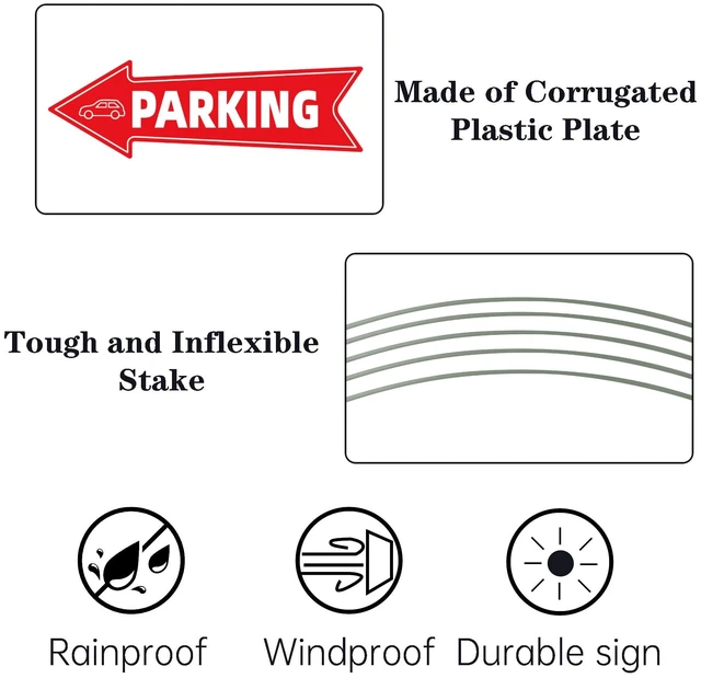Alt view image 3 of 7 - 16 X 5 Inch Directional Parking Signs with Arrows - Durable Corrugated Plastic Event Parking Yard Signs, Red & White, Left & Right Arrow, with Stakes (3)