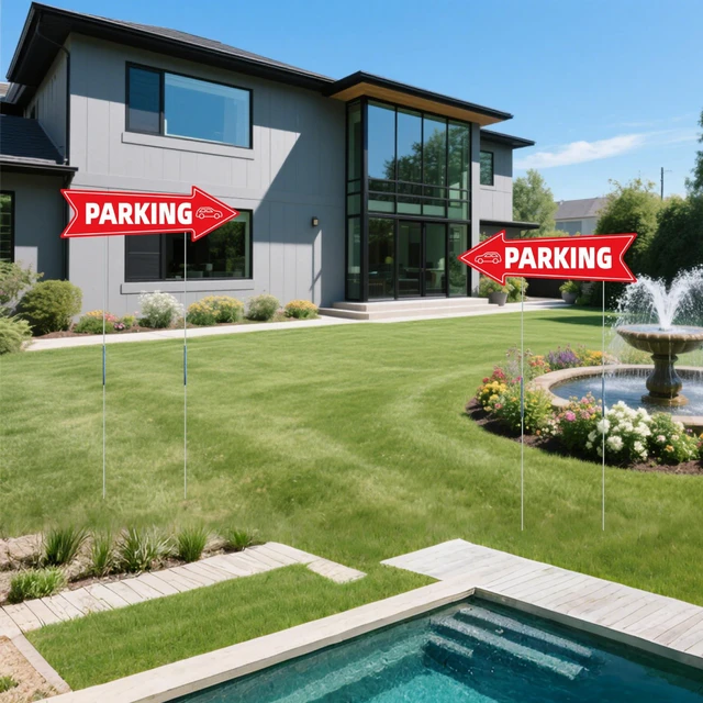 Alt view image 6 of 7 - 16 X 5 Inch Directional Parking Signs with Arrows - Durable Corrugated Plastic Event Parking Yard Signs, Red & White, Left & Right Arrow, with Stakes (3)