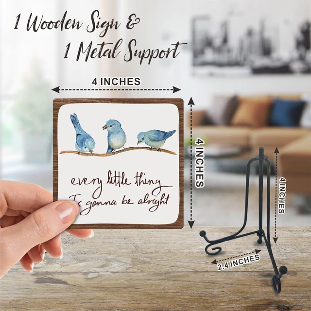 Alt view image 2 of 6 - Every Little Thing Is Gonna Be Alright - 4" Wooden Sign With A Metal Support -Watercolor Adorable Birds, Positive Quotes Wooden Plaque Desk Decor, Uplifting Gifts, Home Decorations & Gifts