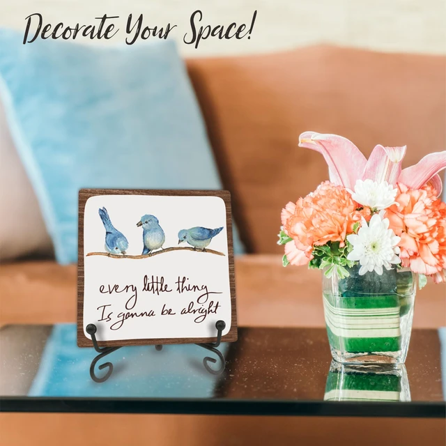 Alt view image 3 of 6 - Every Little Thing Is Gonna Be Alright - 4" Wooden Sign With A Metal Support -Watercolor Adorable Birds, Positive Quotes Wooden Plaque Desk Decor, Uplifting Gifts, Home Decorations & Gifts