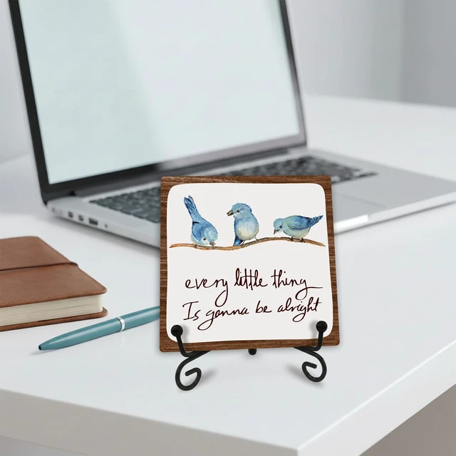 Alt view image 5 of 6 - Every Little Thing Is Gonna Be Alright - 4" Wooden Sign With A Metal Support -Watercolor Adorable Birds, Positive Quotes Wooden Plaque Desk Decor, Uplifting Gifts, Home Decorations & Gifts