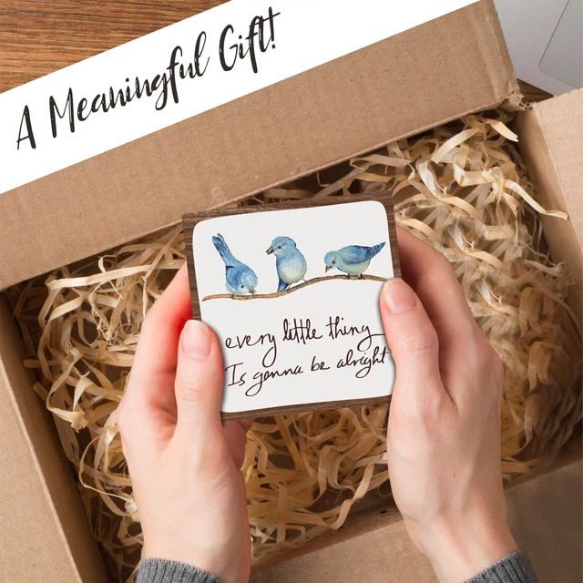 Alt view image 4 of 6 - Every Little Thing Is Gonna Be Alright - 4" Wooden Sign With A Metal Support -Watercolor Adorable Birds, Positive Quotes Wooden Plaque Desk Decor, Uplifting Gifts, Home Decorations & Gifts