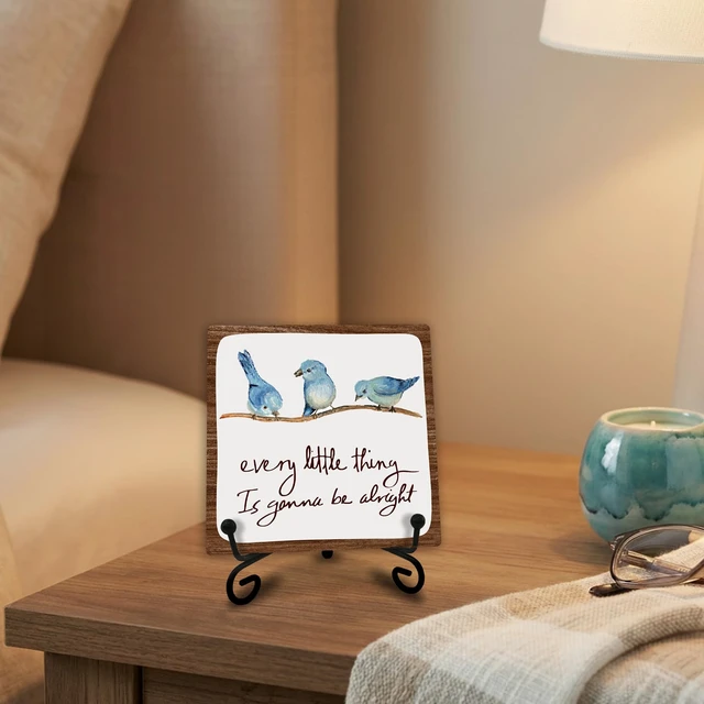 Alt view image 6 of 6 - Every Little Thing Is Gonna Be Alright - 4" Wooden Sign With A Metal Support -Watercolor Adorable Birds, Positive Quotes Wooden Plaque Desk Decor, Uplifting Gifts, Home Decorations & Gifts