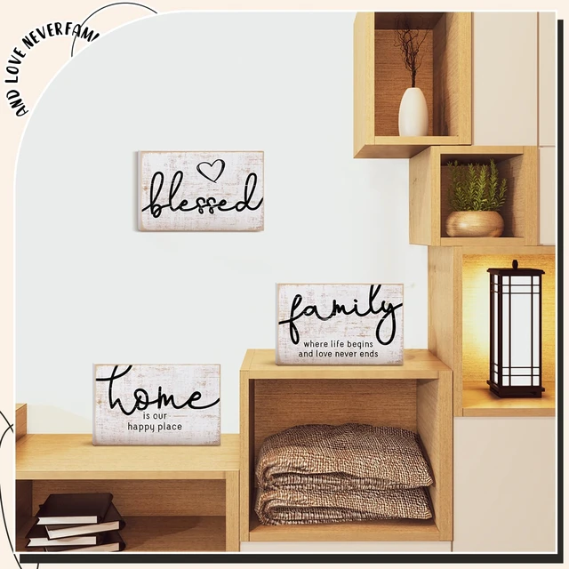 Alt view image 4 of 6 - Mini Wooden Sign Farmhouse Shelf,Retro Color,4.25 x 2.76 x 0.59 in | Wood Signs with Family Home Blessed Sayings, Distressed Finish, Freestanding or Wall Mount, Shelf Decor for Bedroom Kitchen